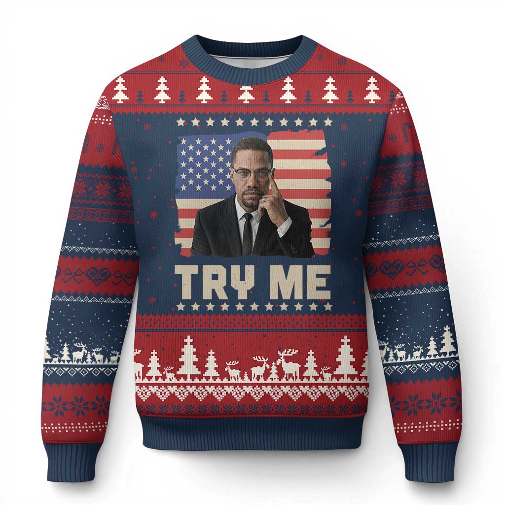 Malcolm X Try Me Ugly Christmas Sweater African American Pride Gift TS12 Navy Red Print Your Wear