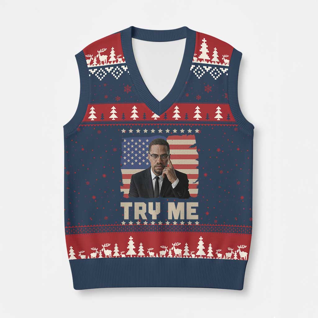 Malcolm X Try Me V-Neck Knit Sweater Vest African American Pride Gift TS12 Navy Red Print Your Wear