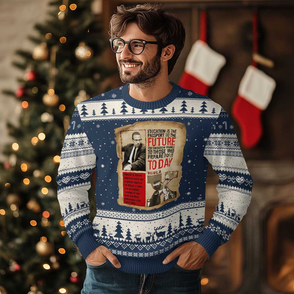 Education Is The Passport To The Future Malcolm X Wisdom Ugly Christmas Sweater TS12 Navy Beige Print Your Wear