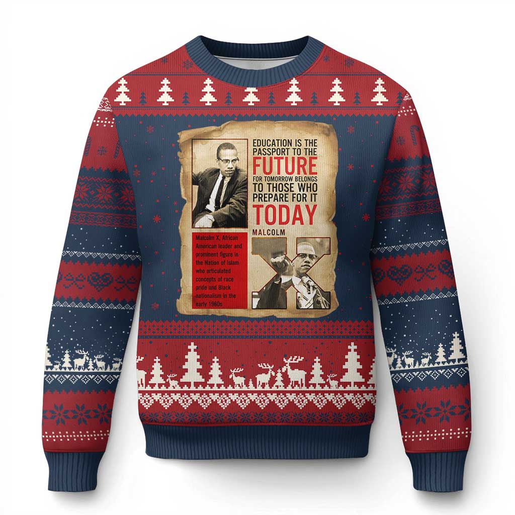 Education Is The Passport To The Future Malcolm X Wisdom Ugly Christmas Sweater TS12 Navy Red Print Your Wear