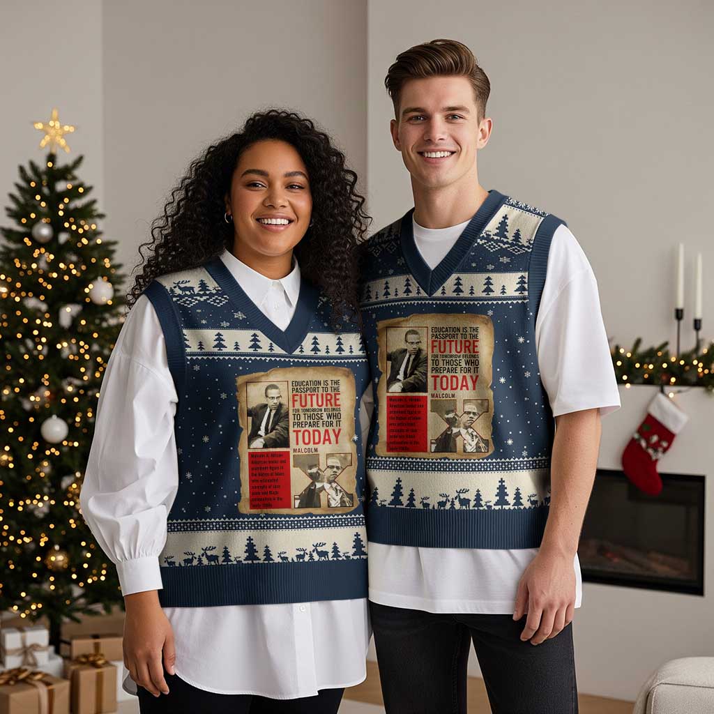 Education Is The Passport To The Future Malcolm X Wisdom V-Neck Knit Sweater Vest TS12 Navy Beige Print Your Wear