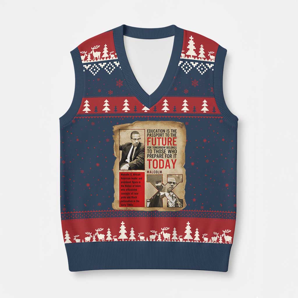 Education Is The Passport To The Future Malcolm X Wisdom V-Neck Knit Sweater Vest TS12 Navy Red Print Your Wear