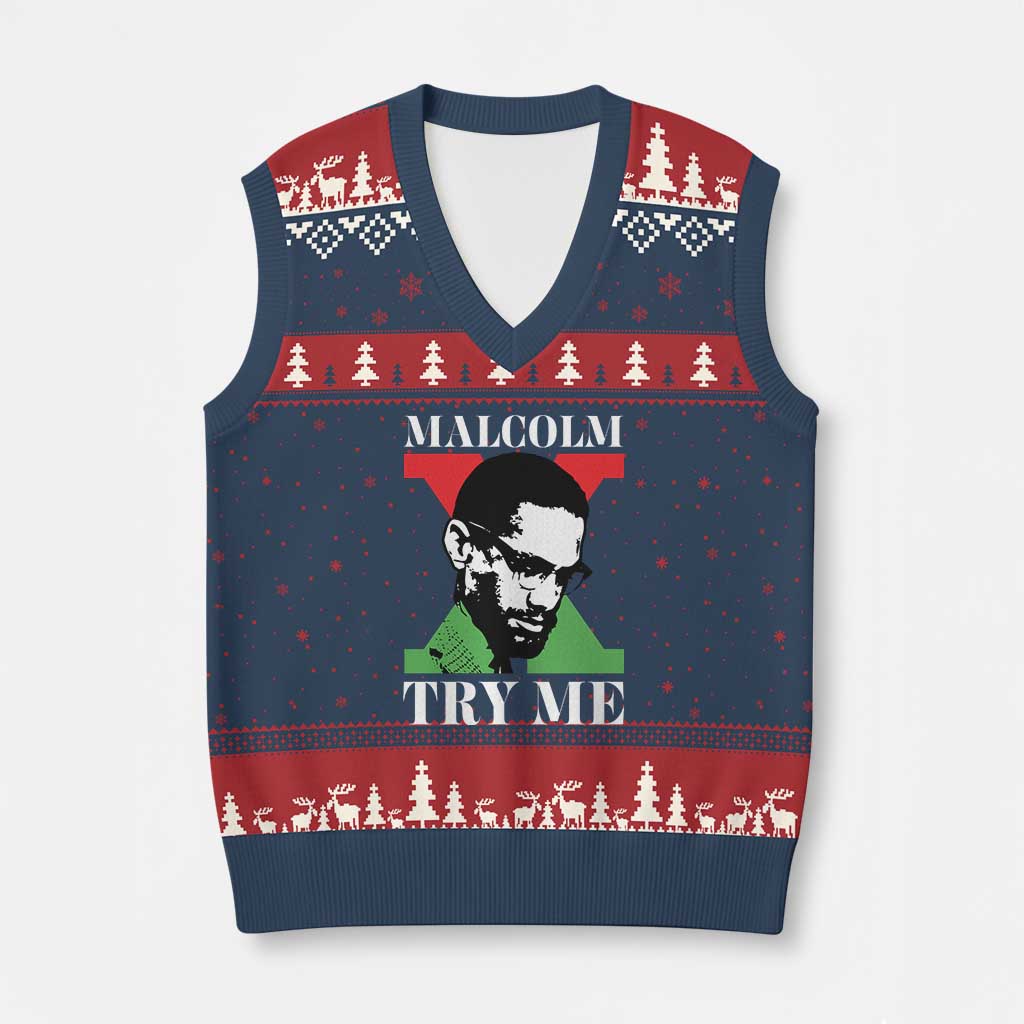 Malcolm X Try Me V-Neck Knit Sweater Vest American Civil Rights Leader Quote TS12 Navy Red Print Your Wear