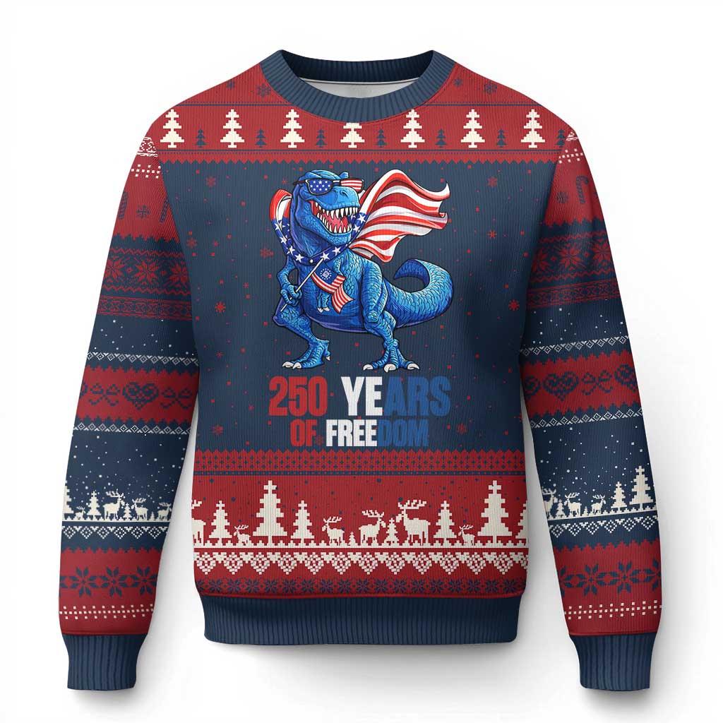 Funny Patriotic Dinosaur Ugly Christmas Sweater 250 Years Of Freedom TS12 Navy Red Print Your Wear