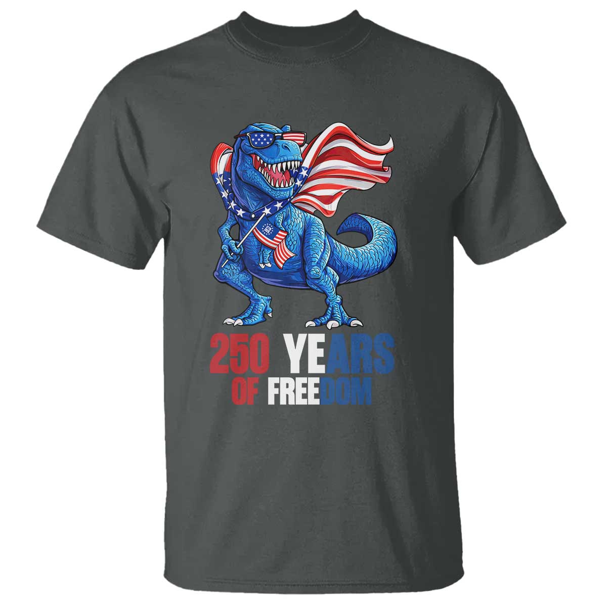 Funny Patriotic Dinosaur T Shirt 250 Years Of Freedom TS12 Dark Heather Print Your Wear