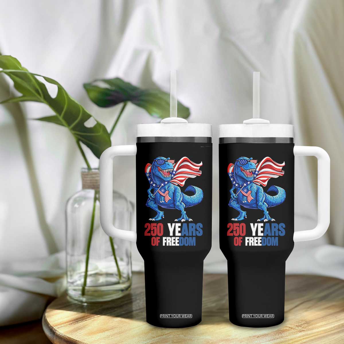 Funny Patriotic Dinosaur Tumbler With Handle 250 Years Of Freedom TS12 Print Your Wear