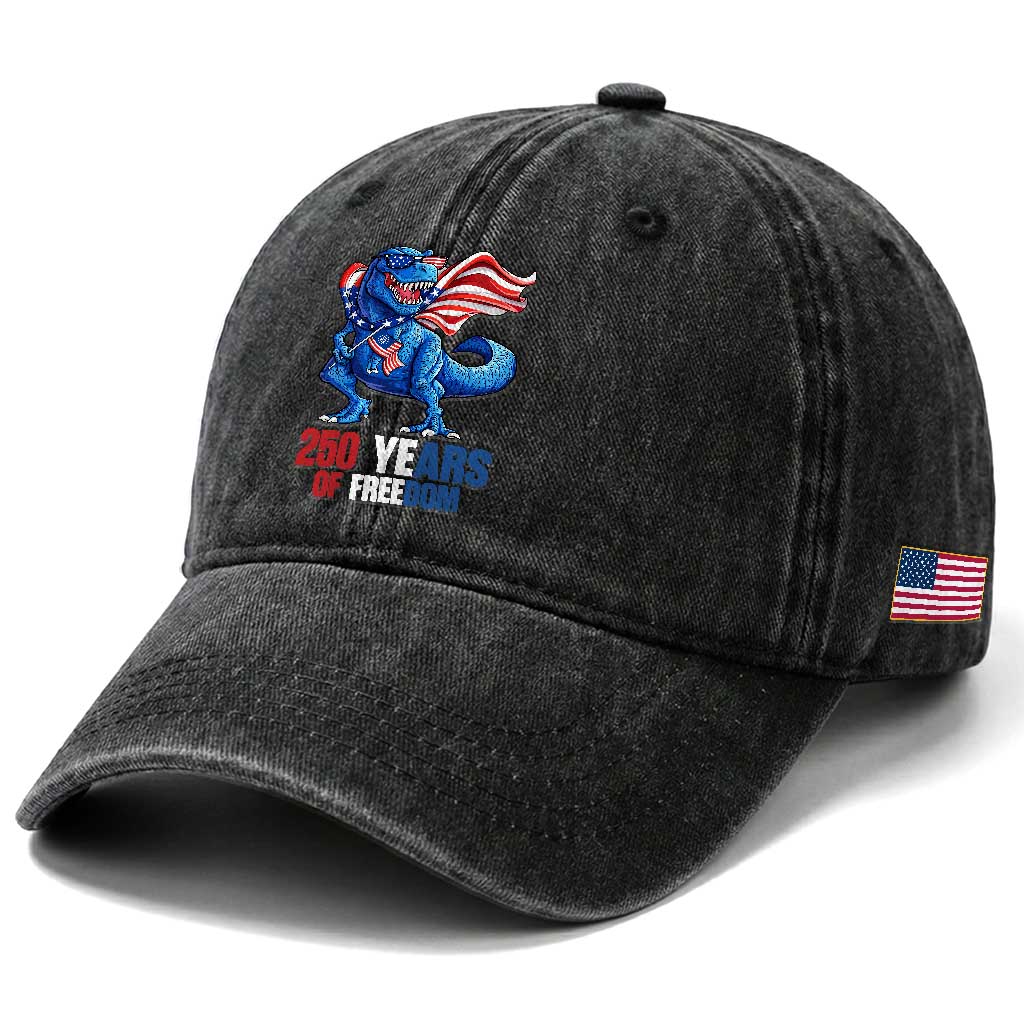 Funny Patriotic Dinosaur Washed Cotton Baseball Cap 250 Years Of Freedom TS12 Print Your Wear
