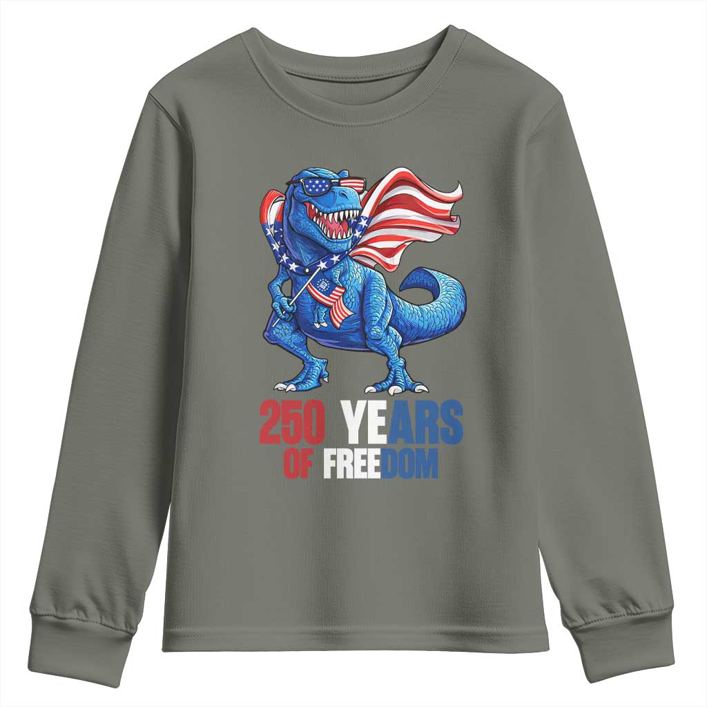 Funny Patriotic Dinosaur Youth Sweatshirt 250 Years Of Freedom TS12 Military Green Print Your Wear