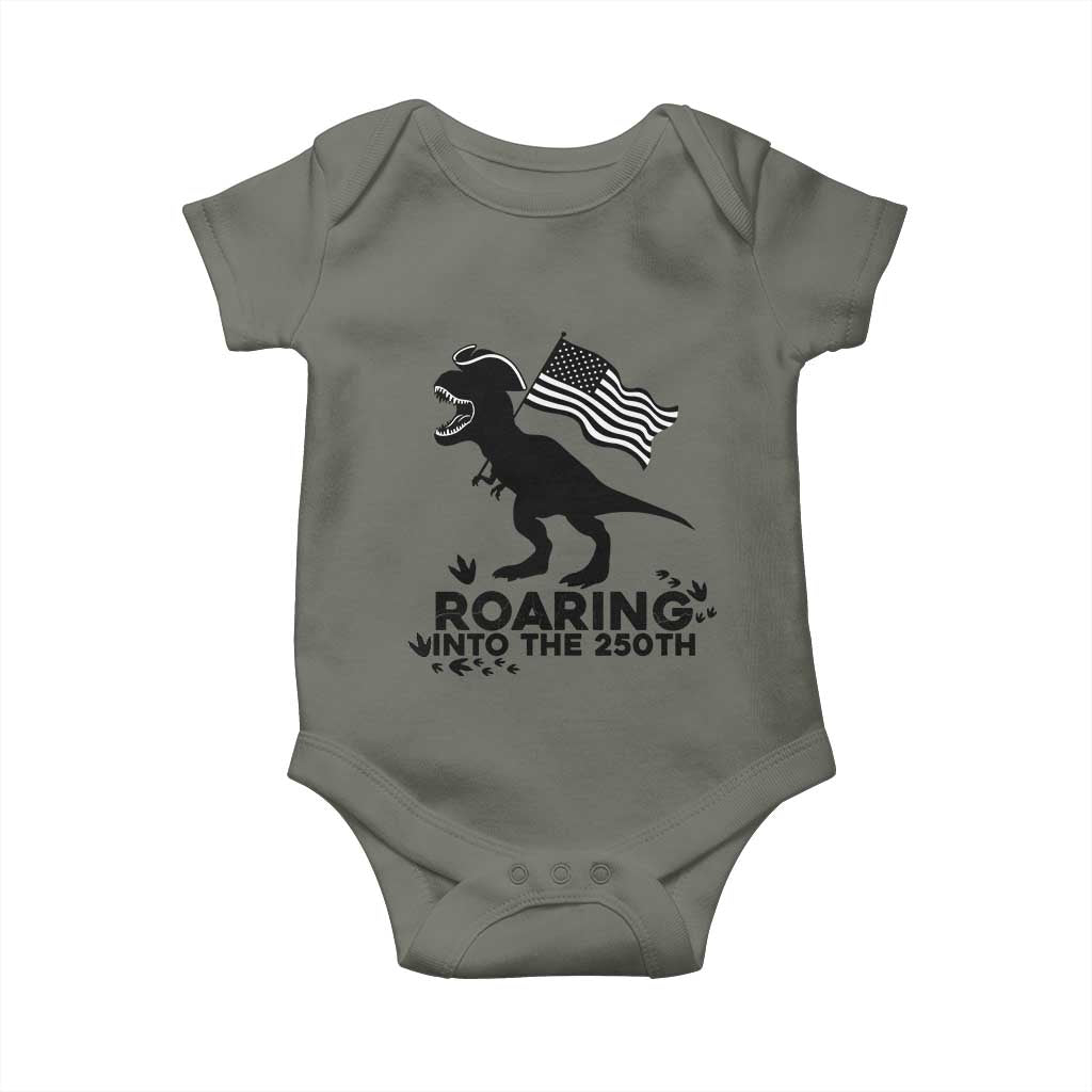 Funny Patriotic Dinosaur Baby Onesie Roaring Into The 250th Anniversary TS12 Military Green Print Your Wear