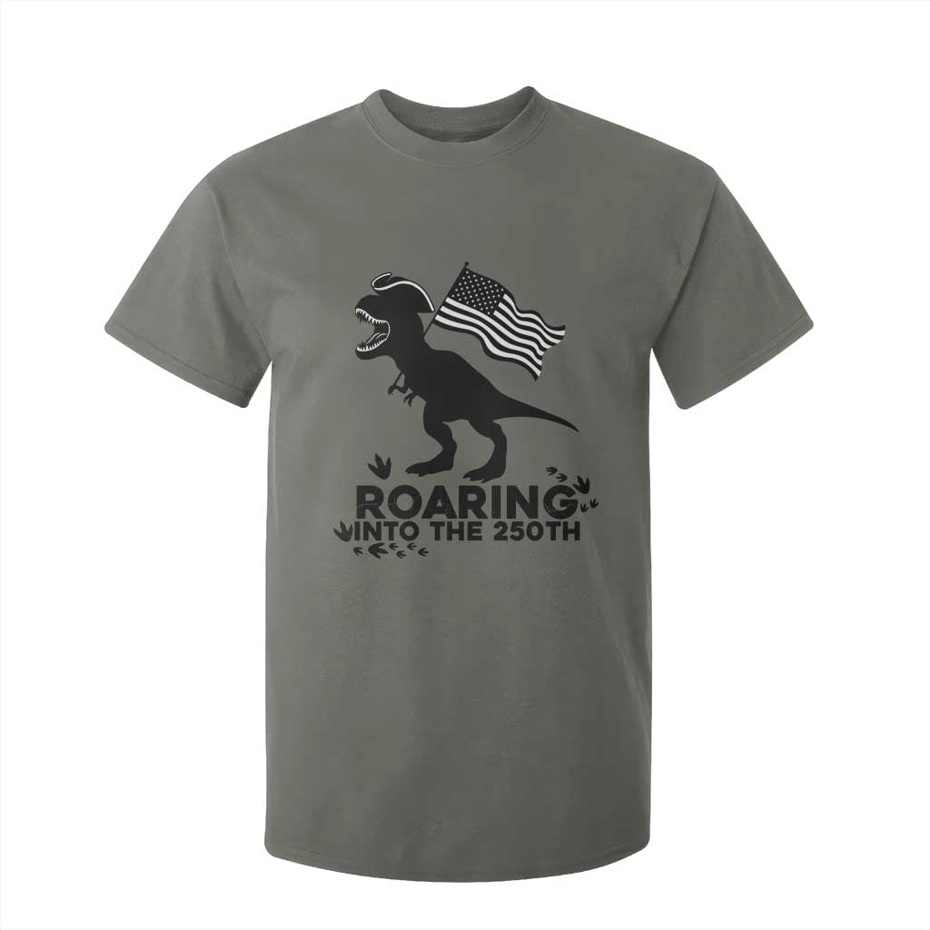 Funny Patriotic Dinosaur T Shirt For Kid Roaring Into The 250th Anniversary TS12 Military Green Print Your Wear