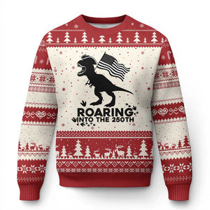 Funny Patriotic Dinosaur Ugly Christmas Sweater Roaring Into The 250th Anniversary TS12 Beige Red Print Your Wear