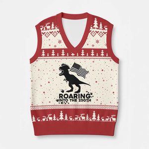 Funny Patriotic Dinosaur V-Neck Knit Sweater Vest Roaring Into The 250th Anniversary TS12 Beige Red Print Your Wear