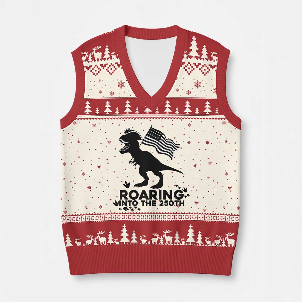 Funny Patriotic Dinosaur V-Neck Knit Sweater Vest Roaring Into The 250th Anniversary TS12 Beige Red Print Your Wear