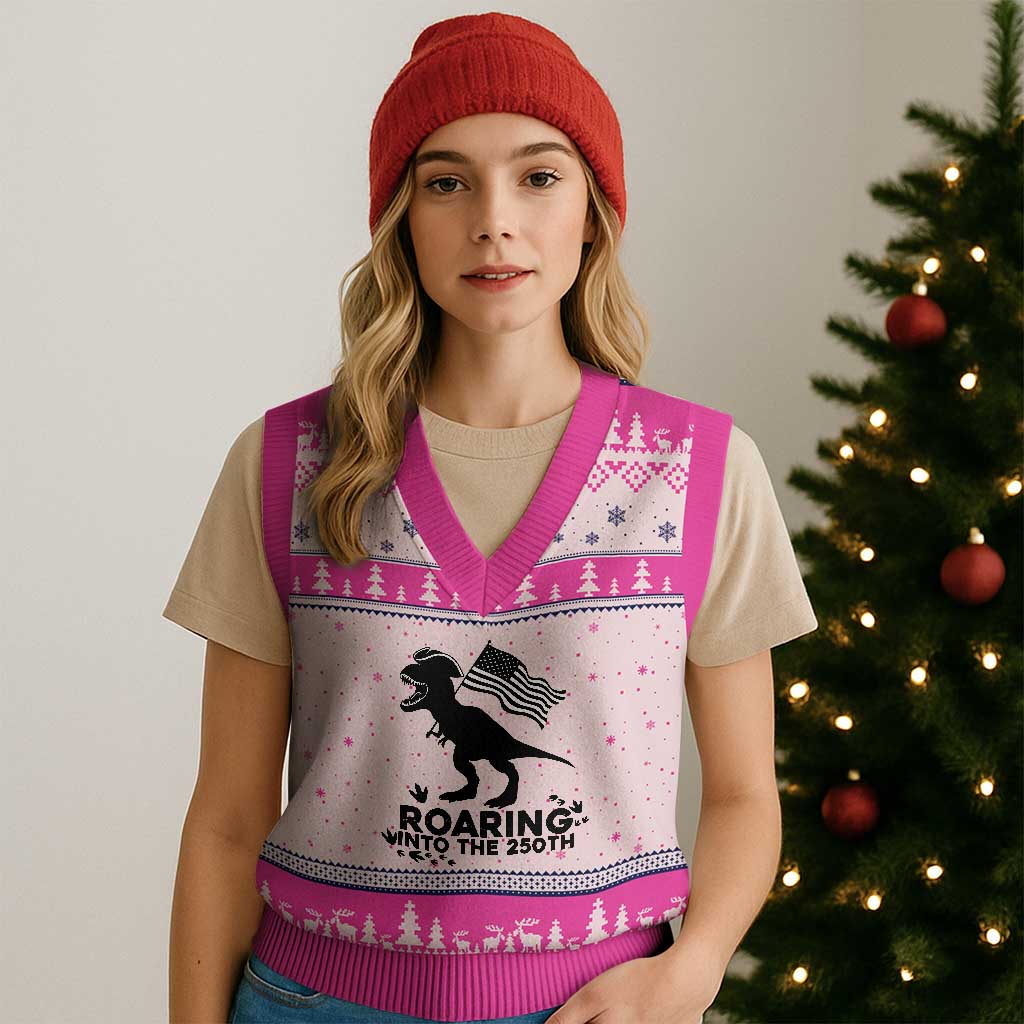 Funny Patriotic Dinosaur V-Neck Knit Sweater Vest Roaring Into The 250th Anniversary TS12 Hot Pink Print Your Wear