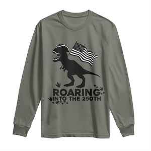 Funny Patriotic Dinosaur Long Sleeve Shirt Roaring Into The 250th Anniversary TS12 Military Green Print Your Wear