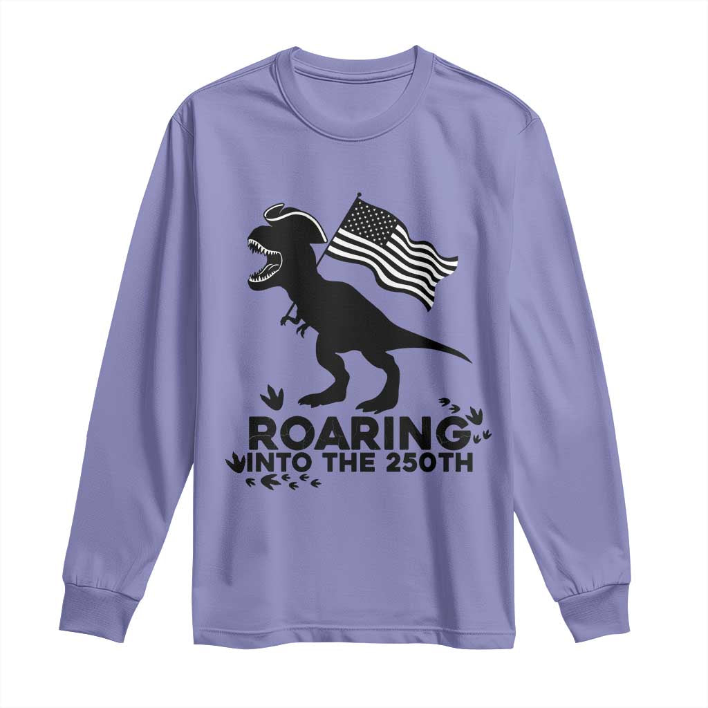 Funny Patriotic Dinosaur Long Sleeve Shirt Roaring Into The 250th Anniversary TS12 Violet Print Your Wear