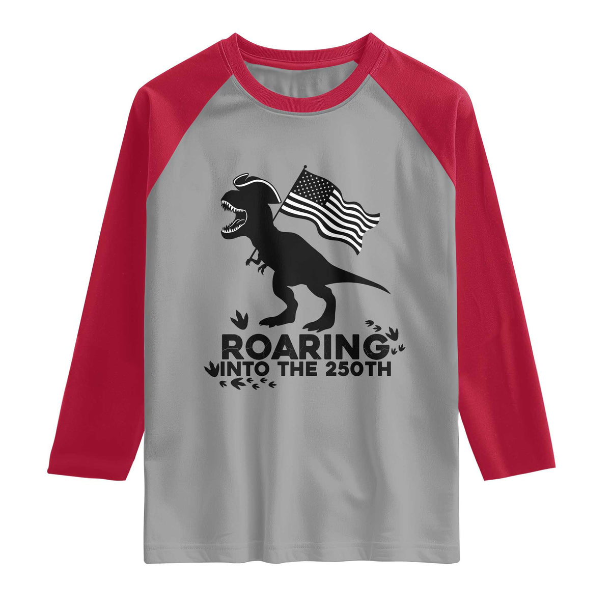 Funny Patriotic Dinosaur Raglan Shirt Roaring Into The 250th Anniversary TS12 Sport Gray Red Print Your Wear