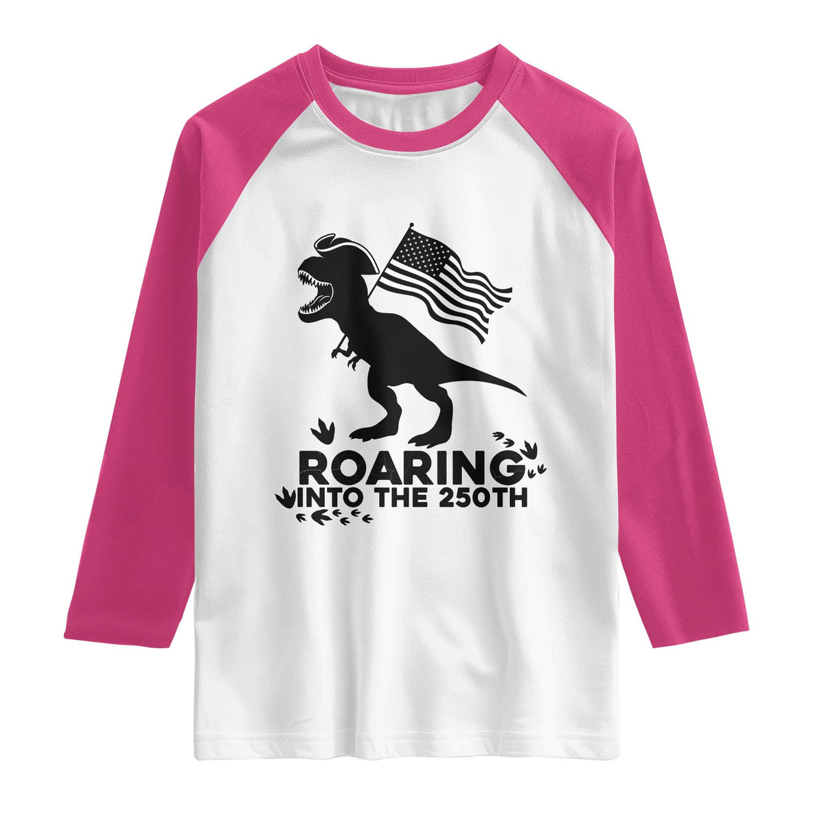 Funny Patriotic Dinosaur Raglan Shirt Roaring Into The 250th Anniversary TS12 White Heliconia Print Your Wear
