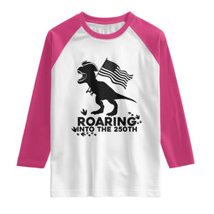 Funny Patriotic Dinosaur Raglan Shirt Roaring Into The 250th Anniversary TS12 White Heliconia Print Your Wear