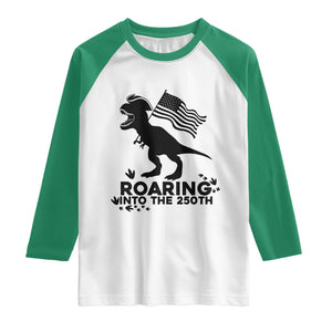 Funny Patriotic Dinosaur Raglan Shirt Roaring Into The 250th Anniversary TS12 White Kelly Green Print Your Wear
