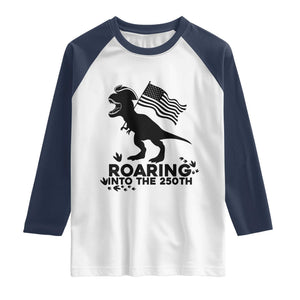 Funny Patriotic Dinosaur Raglan Shirt Roaring Into The 250th Anniversary TS12 White Navy Print Your Wear