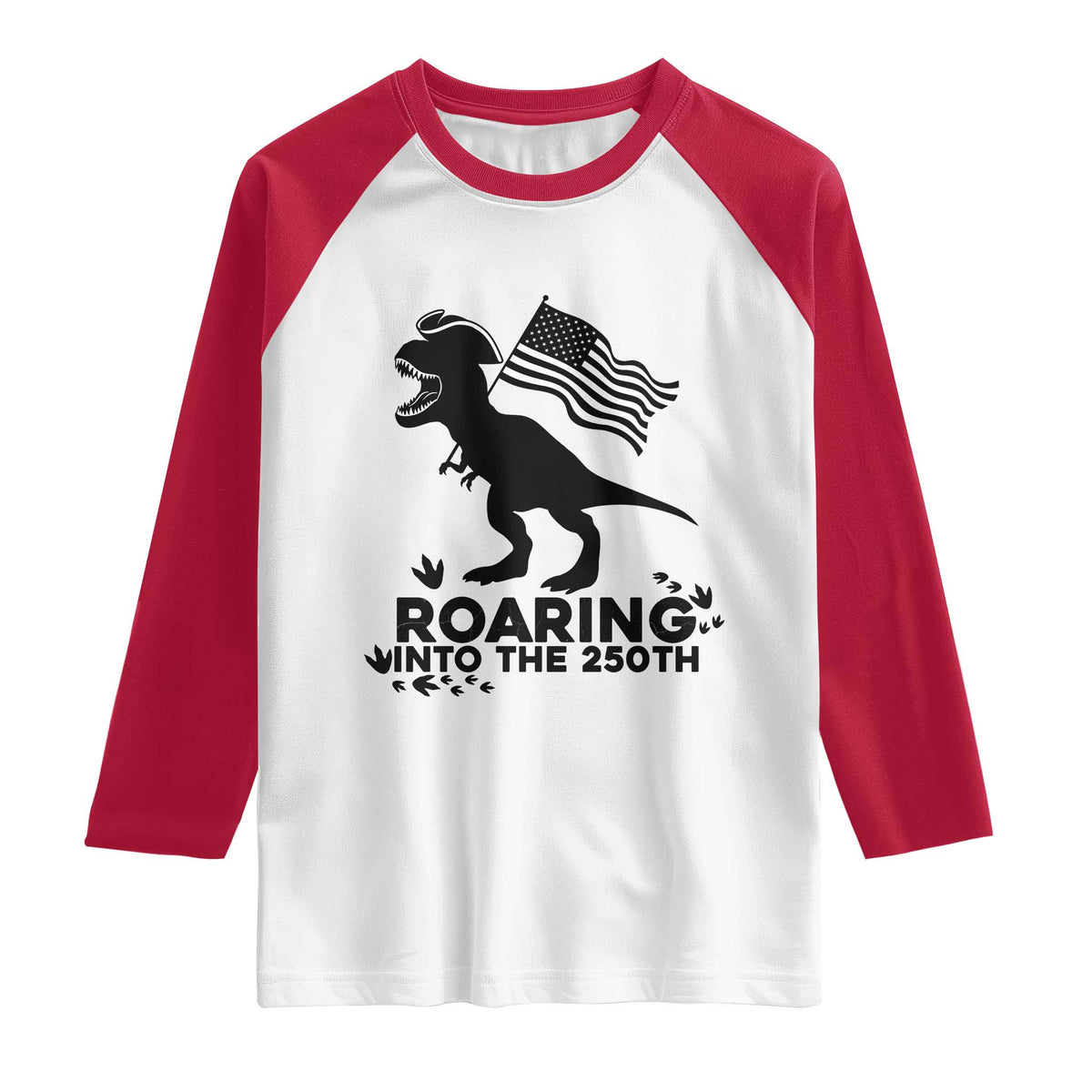 Funny Patriotic Dinosaur Raglan Shirt Roaring Into The 250th Anniversary TS12 White Red Print Your Wear
