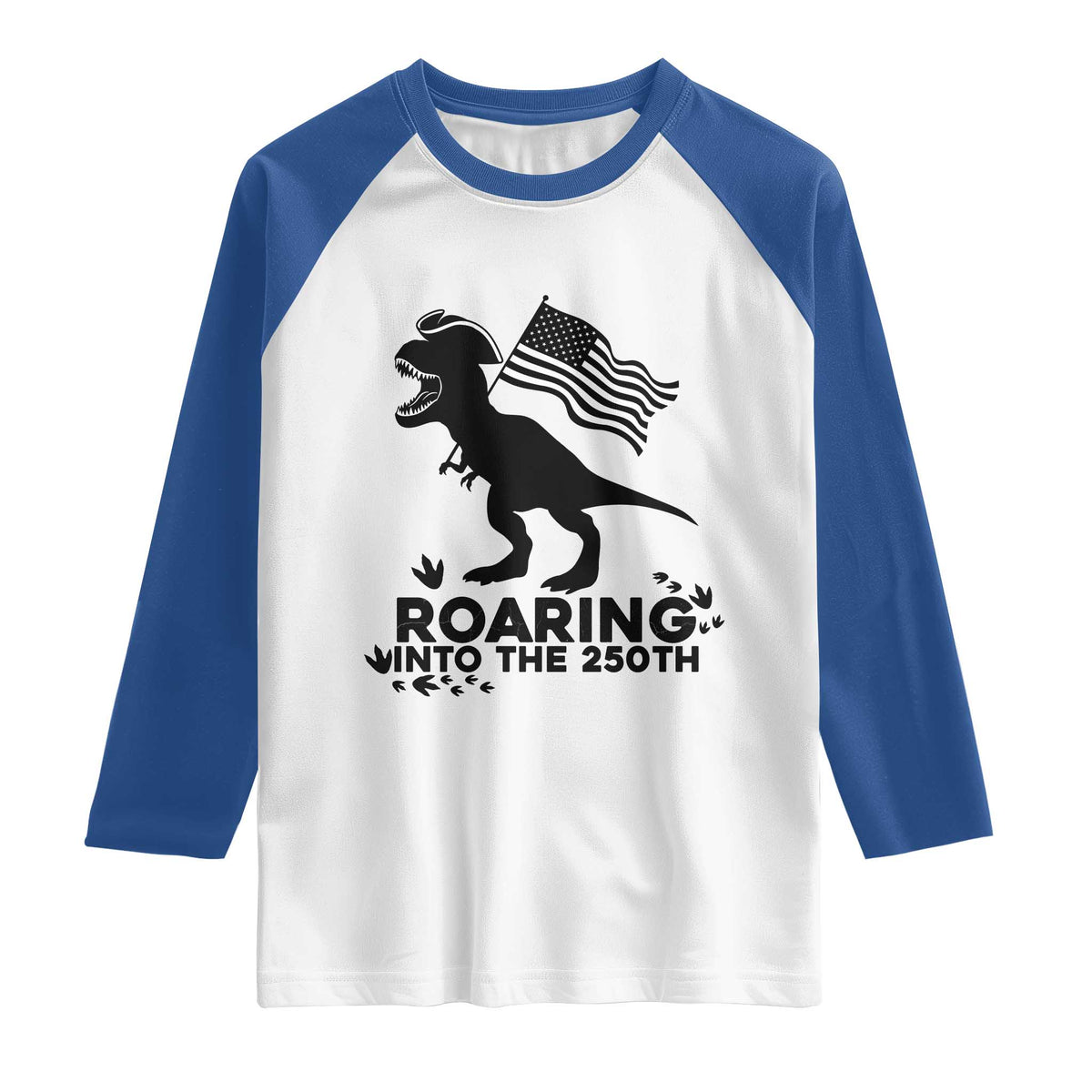 Funny Patriotic Dinosaur Raglan Shirt Roaring Into The 250th Anniversary TS12 White Royal Print Your Wear