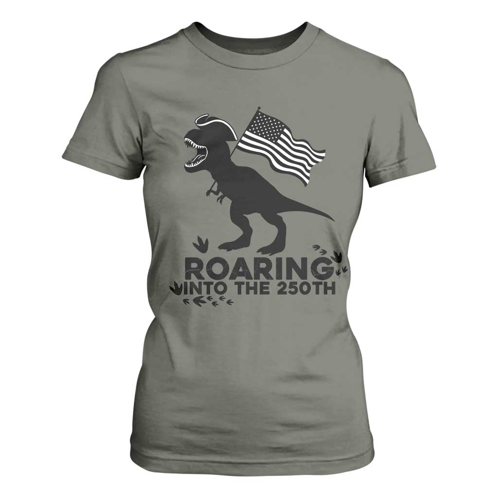 Funny Patriotic Dinosaur T Shirt For Women Roaring Into The 250th Anniversary TS12 Military Green Print Your Wear