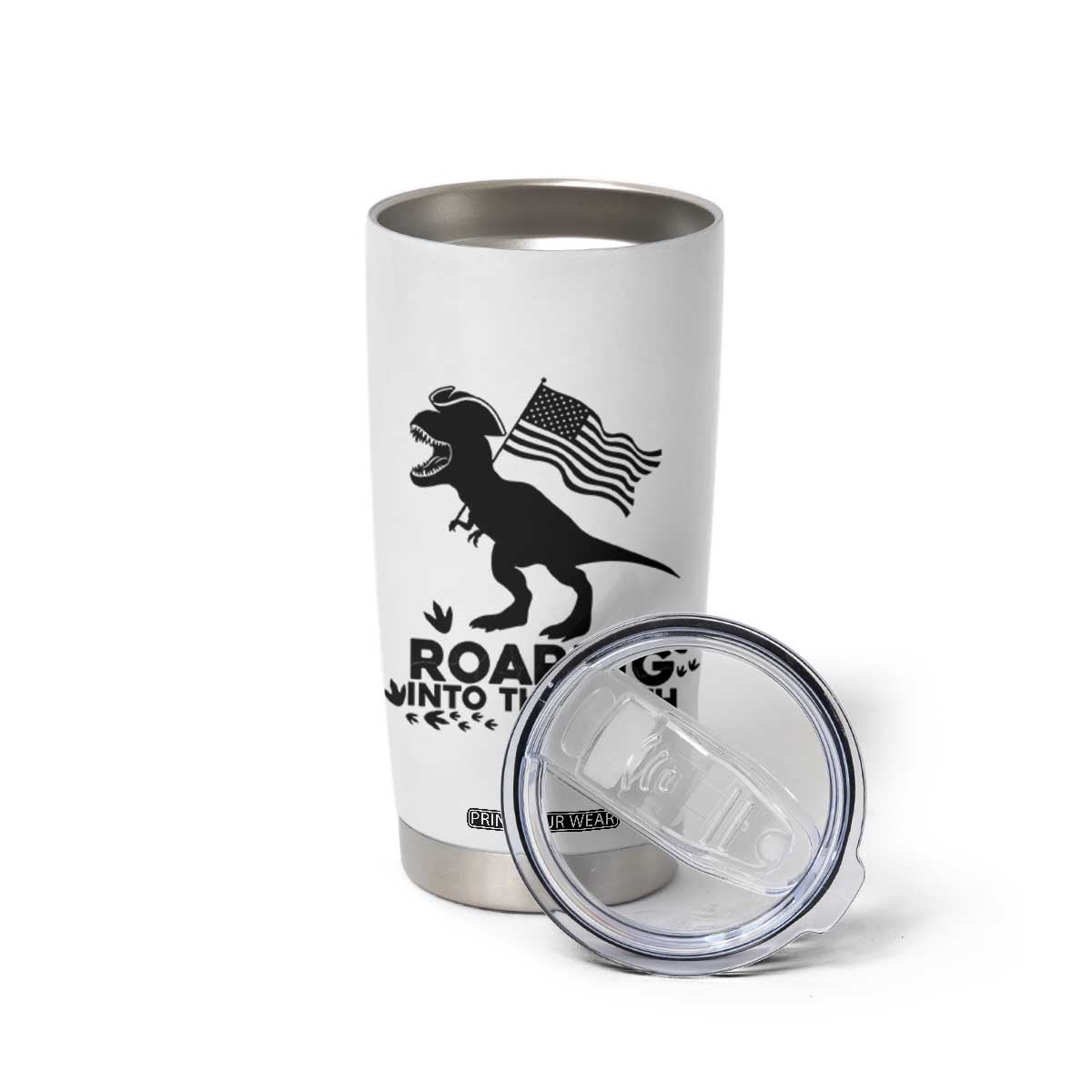 Funny Patriotic Dinosaur Tumbler Cup Roaring Into The 250th Anniversary TS12 Print Your Wear