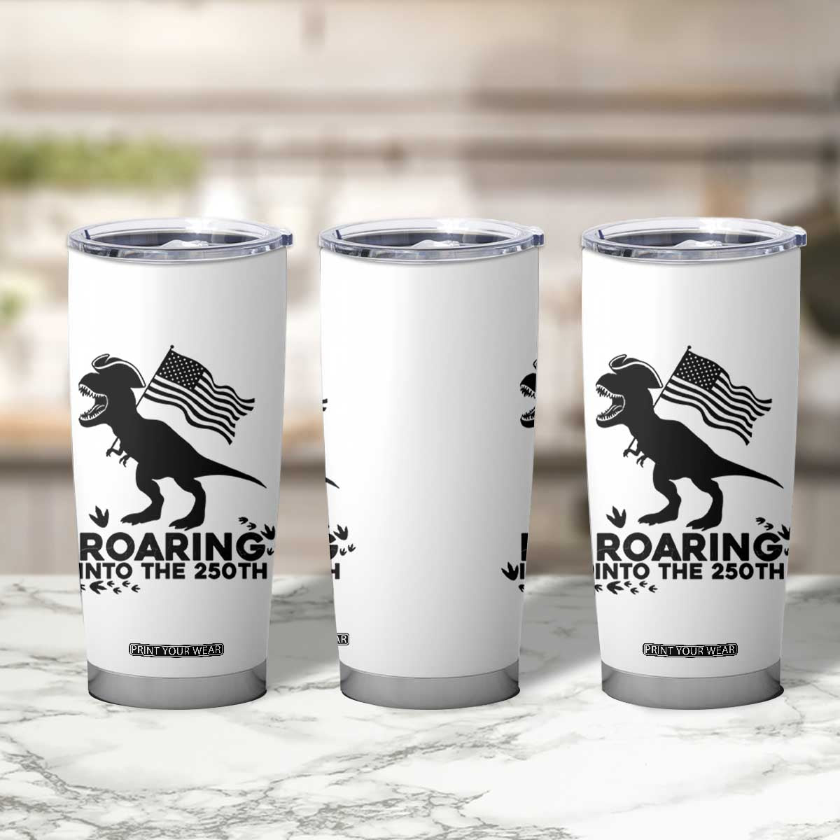 Funny Patriotic Dinosaur Tumbler Cup Roaring Into The 250th Anniversary TS12 Print Your Wear
