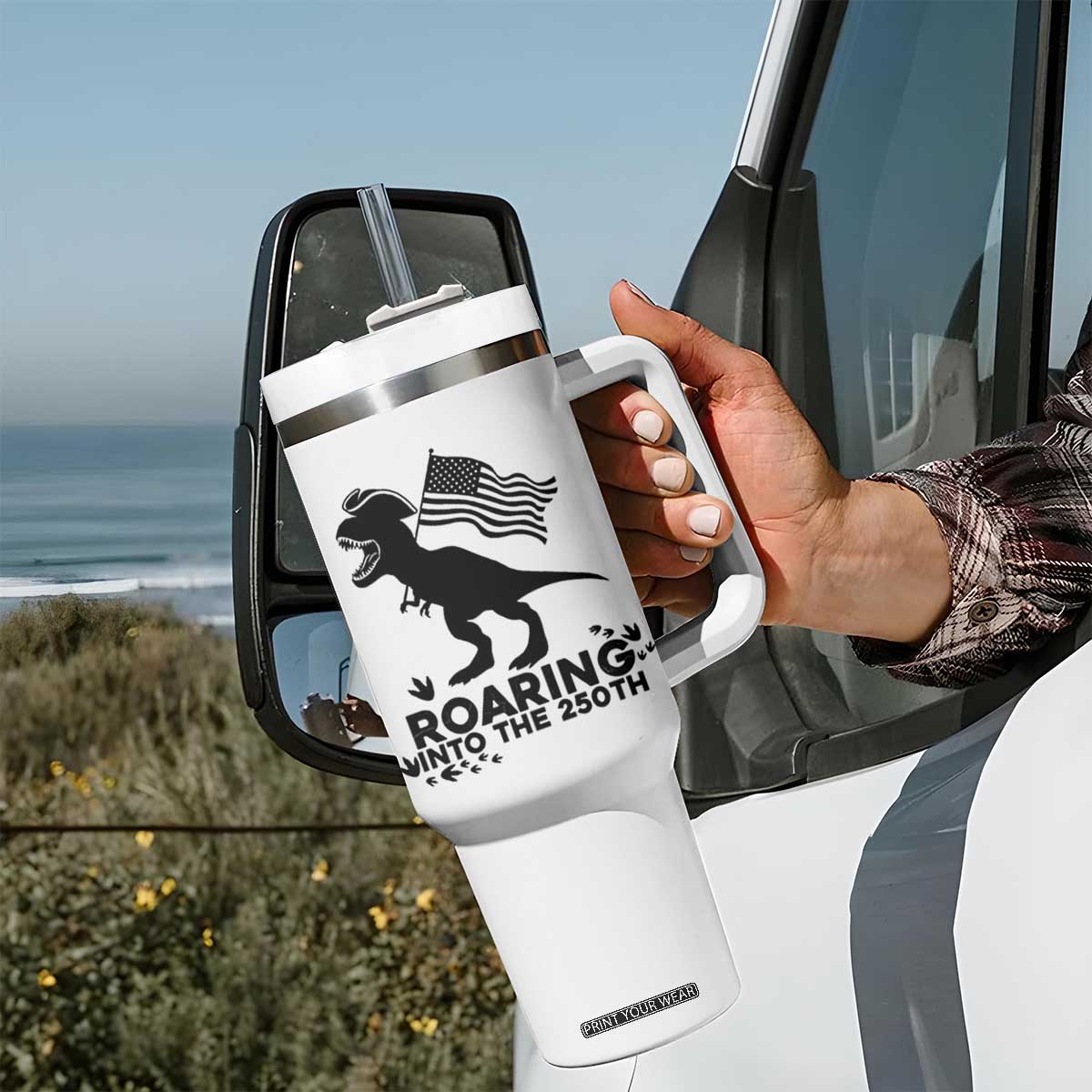 Funny Patriotic Dinosaur Tumbler With Handle Roaring Into The 250th Anniversary TS12 Print Your Wear