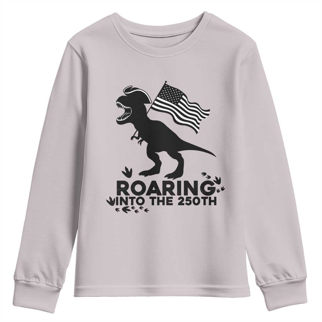 Funny Patriotic Dinosaur Youth Sweatshirt Roaring Into The 250th Anniversary TS12 Ice Gray Print Your Wear