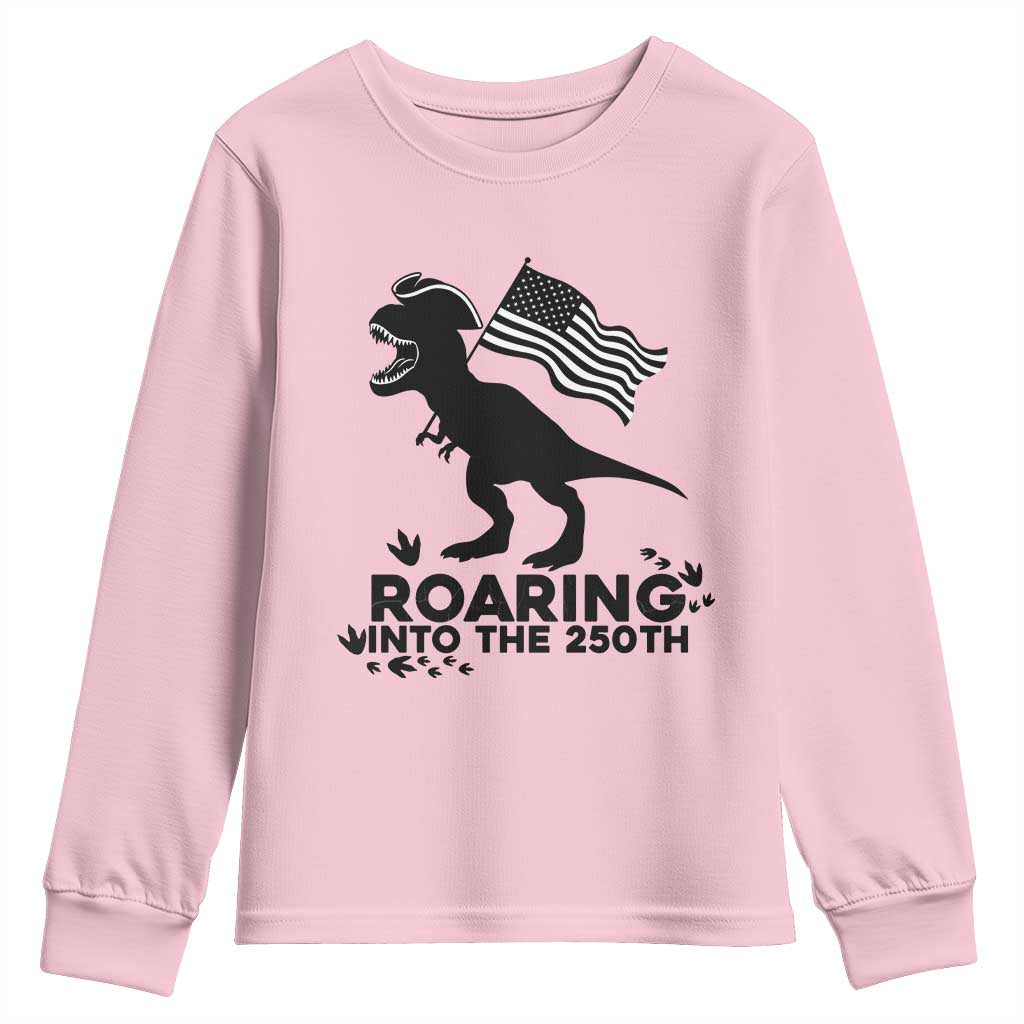 Funny Patriotic Dinosaur Youth Sweatshirt Roaring Into The 250th Anniversary TS12 Light Pink Print Your Wear