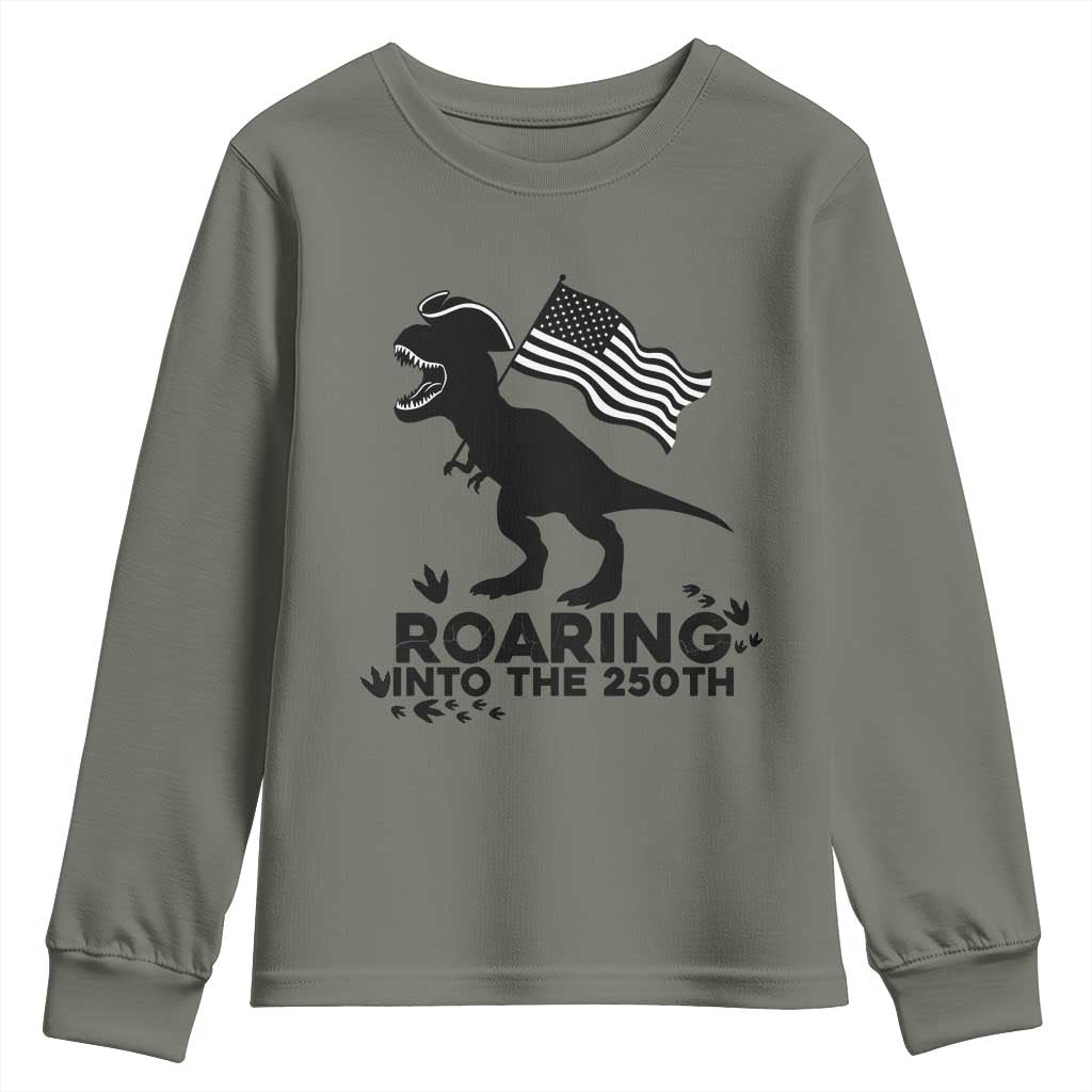 Funny Patriotic Dinosaur Youth Sweatshirt Roaring Into The 250th Anniversary TS12 Military Green Print Your Wear