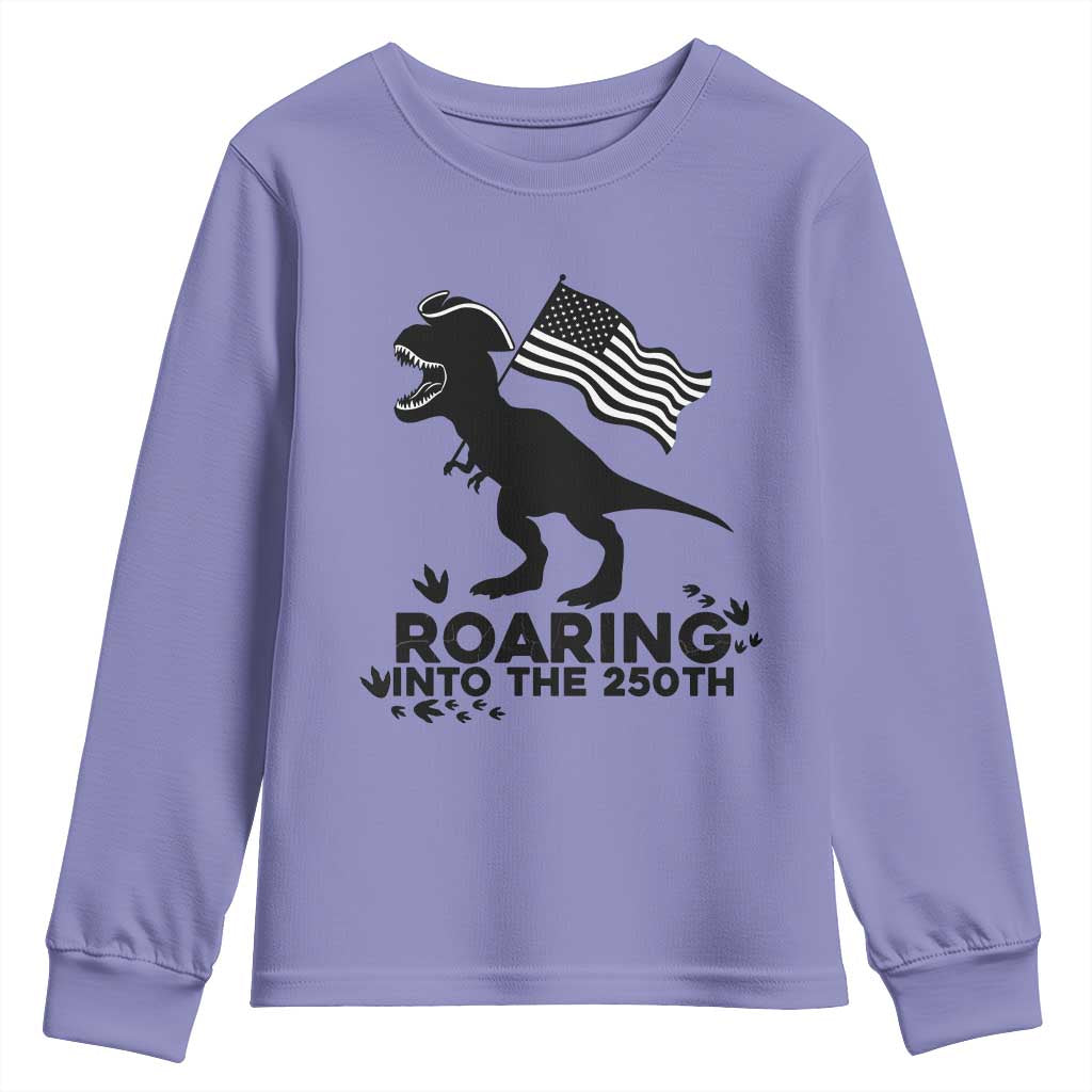 Funny Patriotic Dinosaur Youth Sweatshirt Roaring Into The 250th Anniversary TS12 Violet Print Your Wear