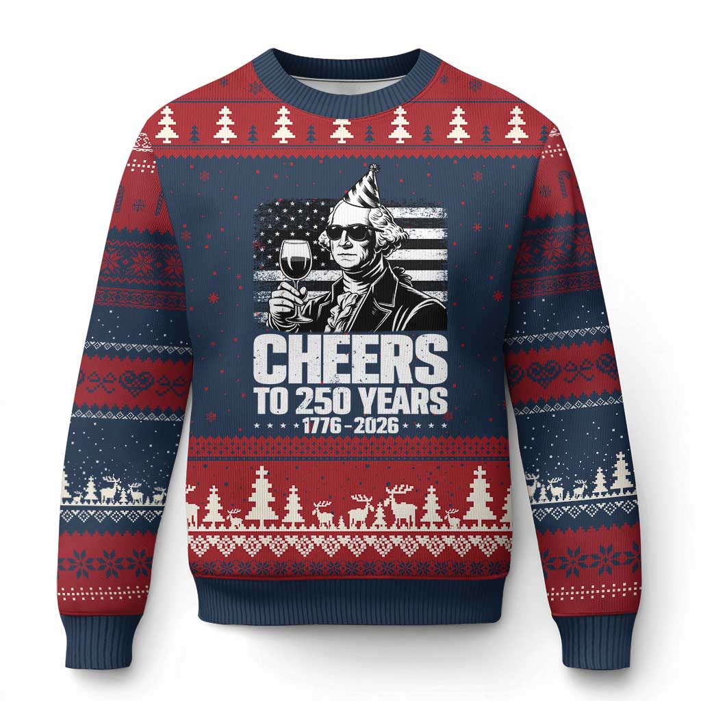 Funny George Washington Cheers To 250 Years Ugly Christmas Sweater TS12 Navy Red Print Your Wear