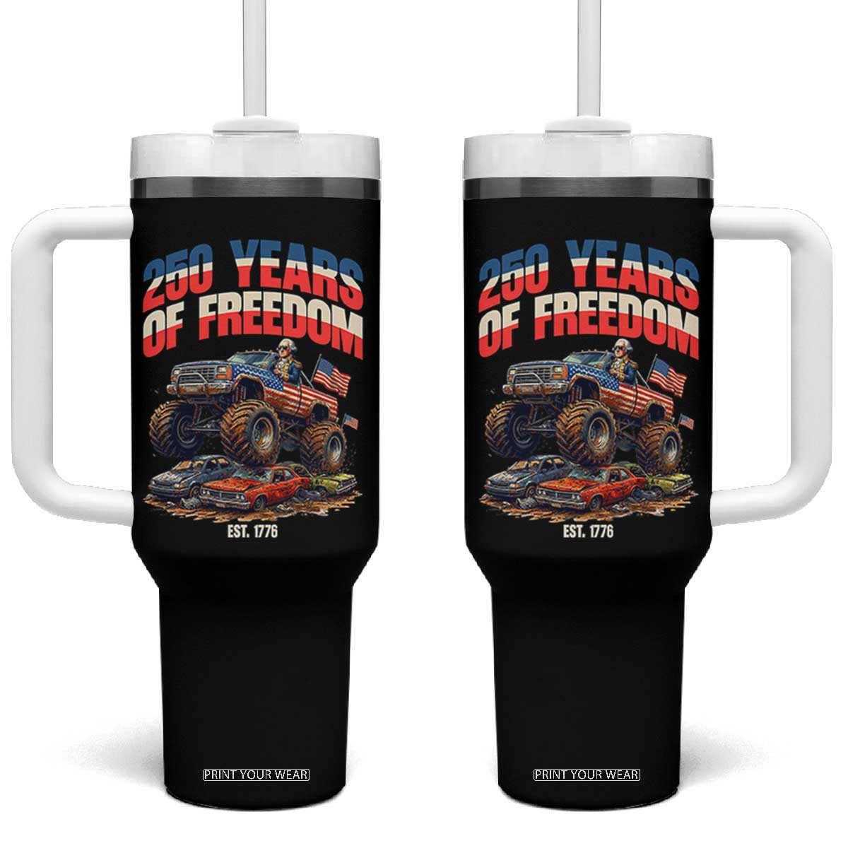 Funny George Washington Monster Truck Tumbler With Handle America 250th Anniversary TS12 One Size: 40 oz Black Print Your Wear