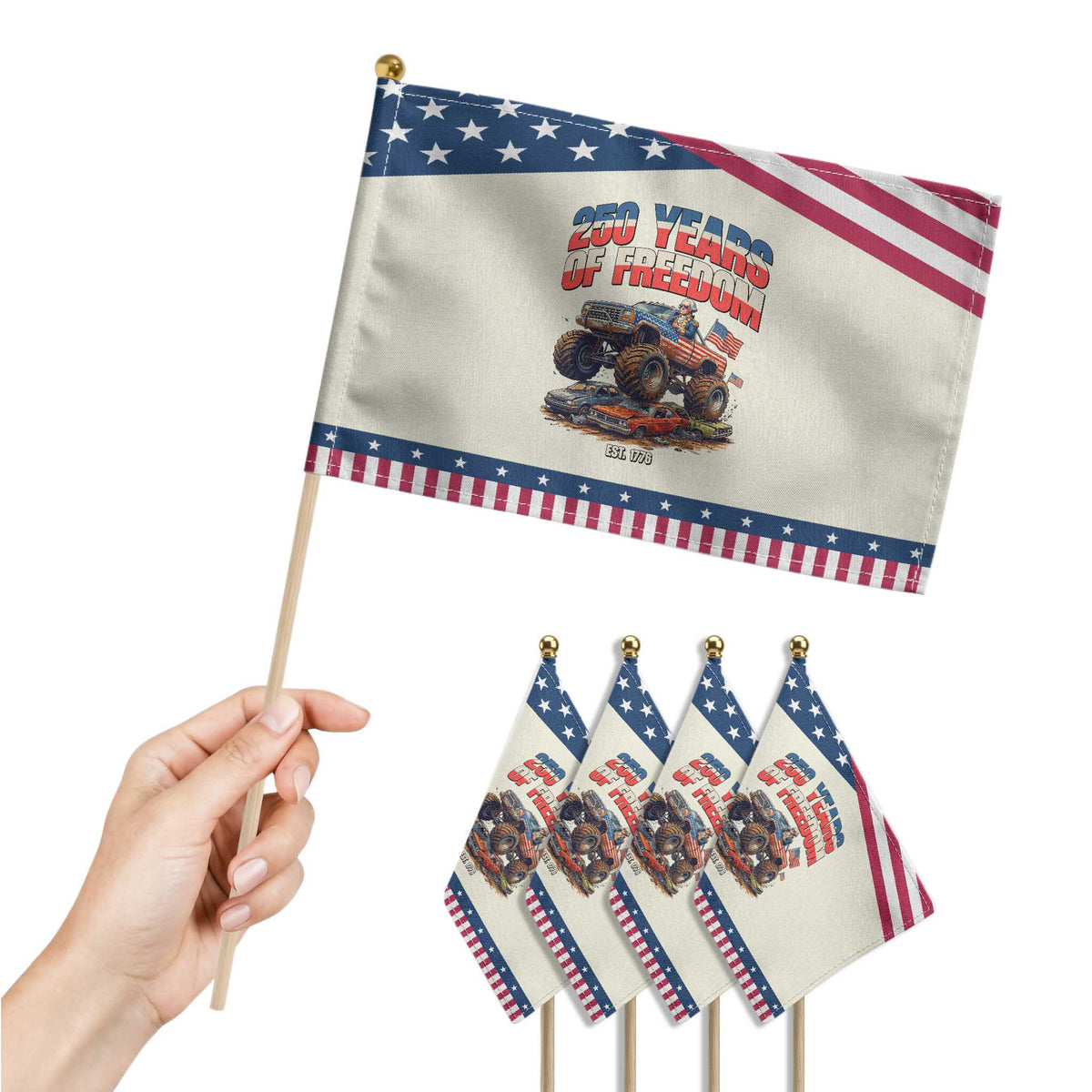 Funny George Washington Monster Truck Patriotic Handheld Flag America 250th Anniversary TS12 Print Your Wear