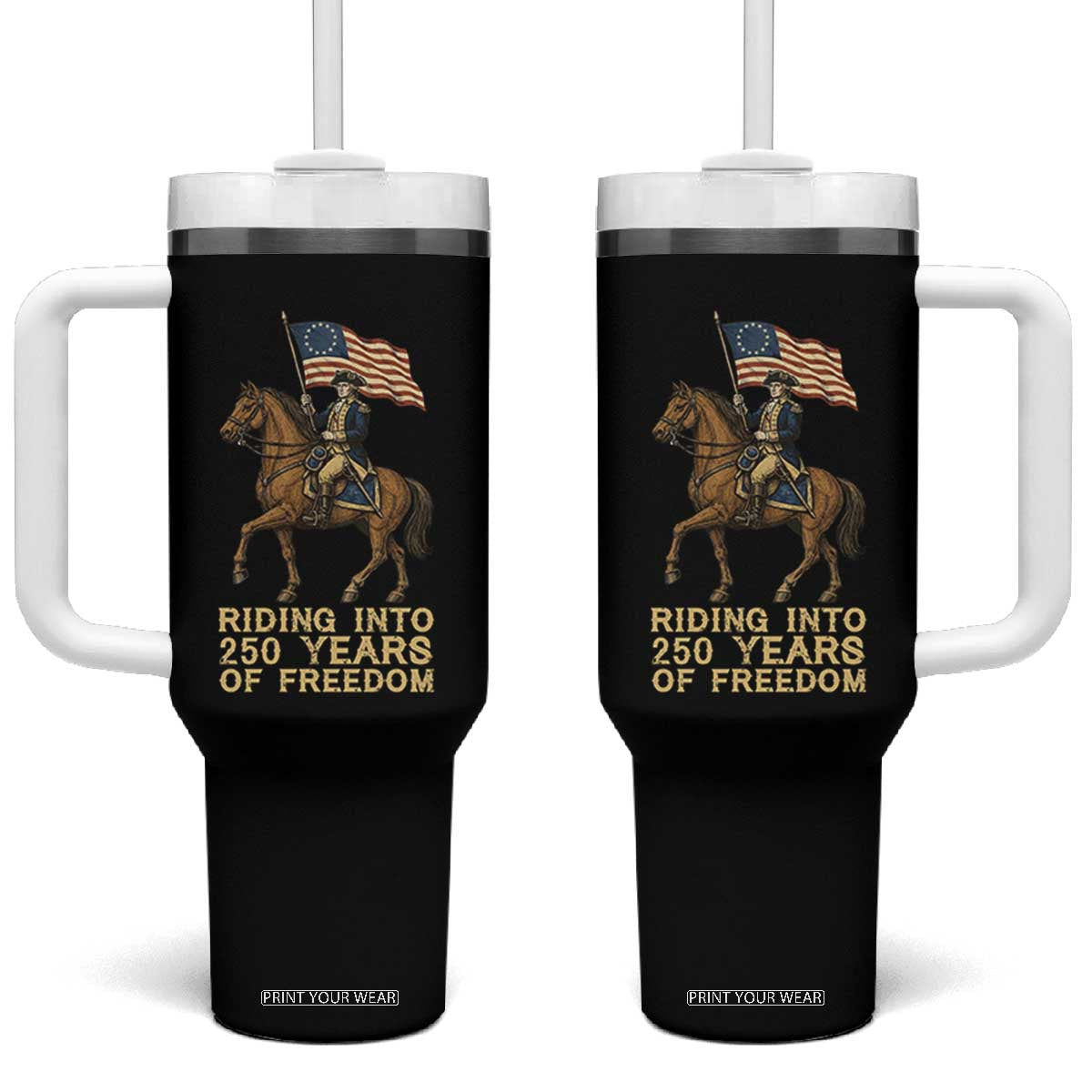 George Washington Tumbler With Handle Riding Into 250 Years Of Freedom TS12 One Size: 40 oz Black Print Your Wear