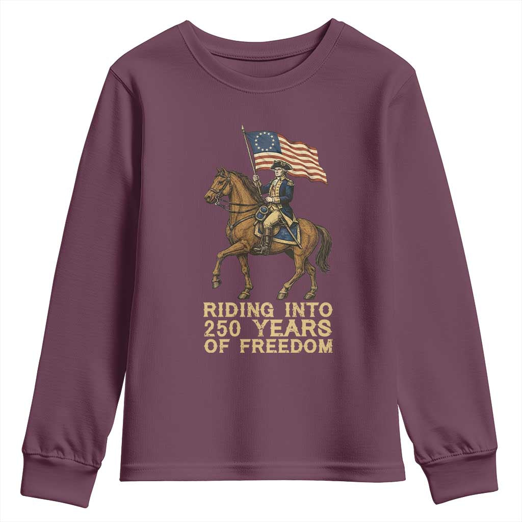 George Washington Youth Sweatshirt Riding Into 250 Years Of Freedom TS12 Maroon Print Your Wear