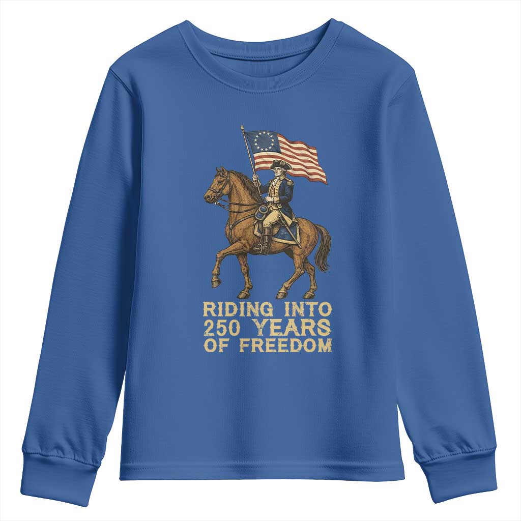 George Washington Youth Sweatshirt Riding Into 250 Years Of Freedom TS12 Royal Blue Print Your Wear