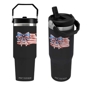Patriotic American Flag Bow Flip Straw Tumbler Gift For Women TS12 One Size: 30 oz Black Print Your Wear