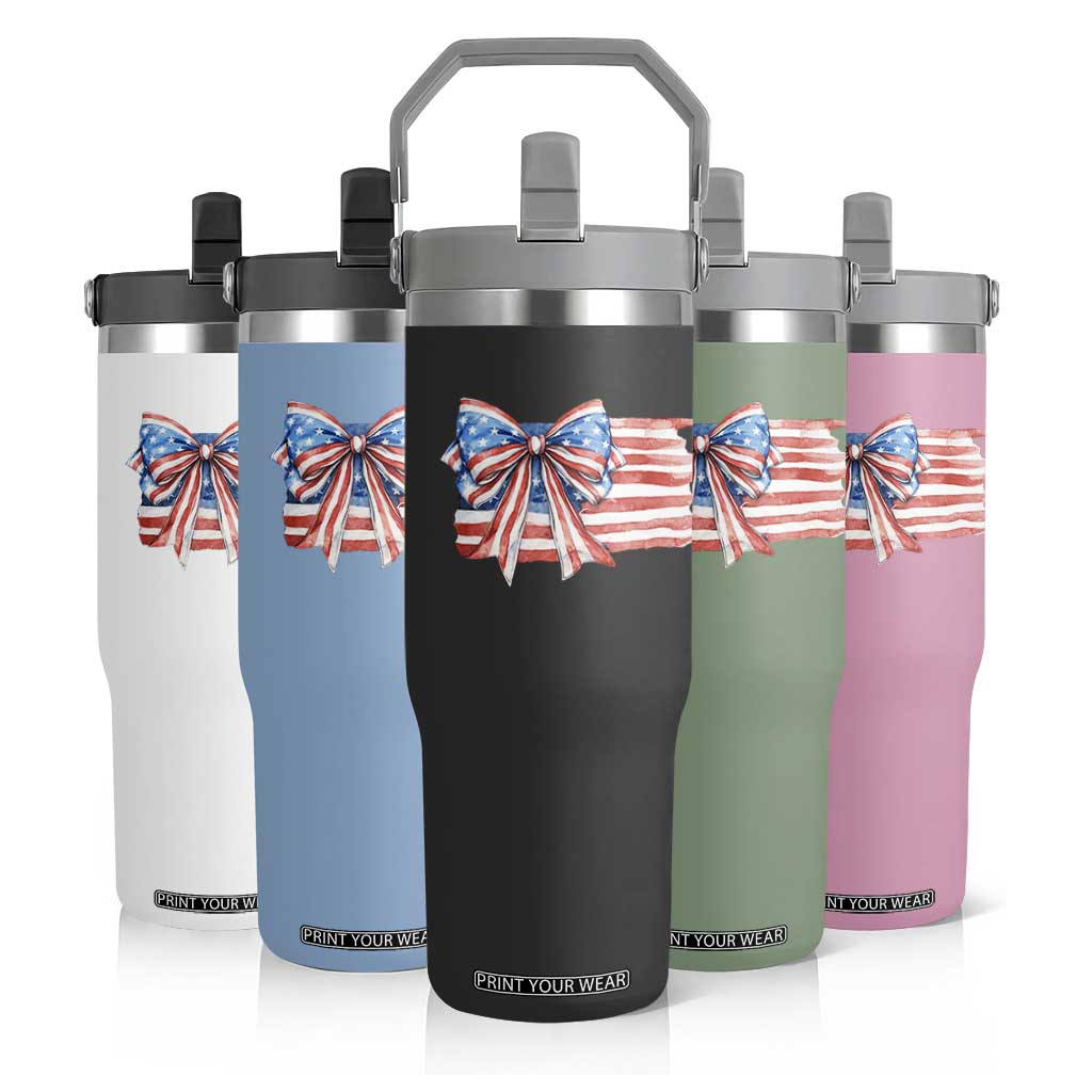 Patriotic American Flag Bow Flip Straw Tumbler Gift For Women TS12 Print Your Wear
