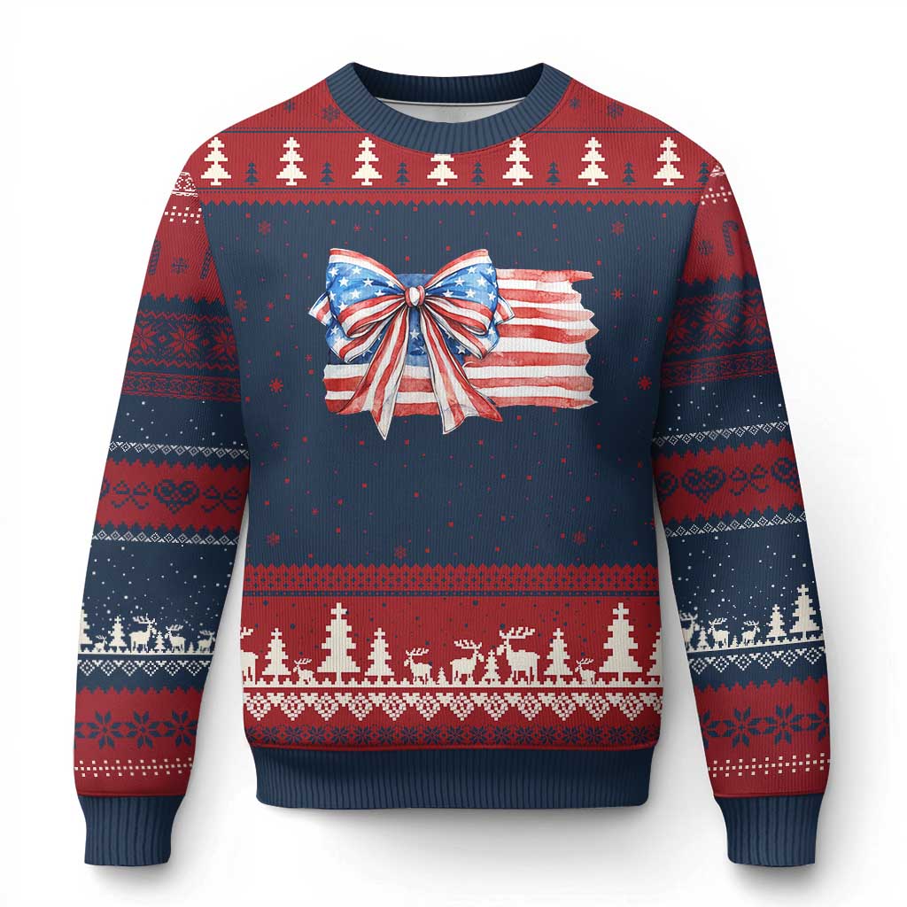 Patriotic American Flag Bow Ugly Christmas Sweater Gift For Women TS12 Navy Red Print Your Wear