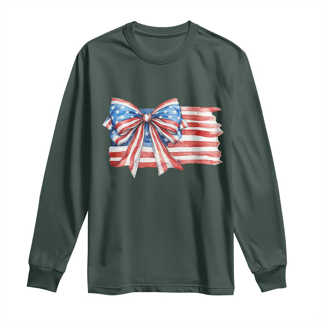 Patriotic American Flag Bow Long Sleeve Shirt Gift For Women TS12 Dark Forest Green Print Your Wear