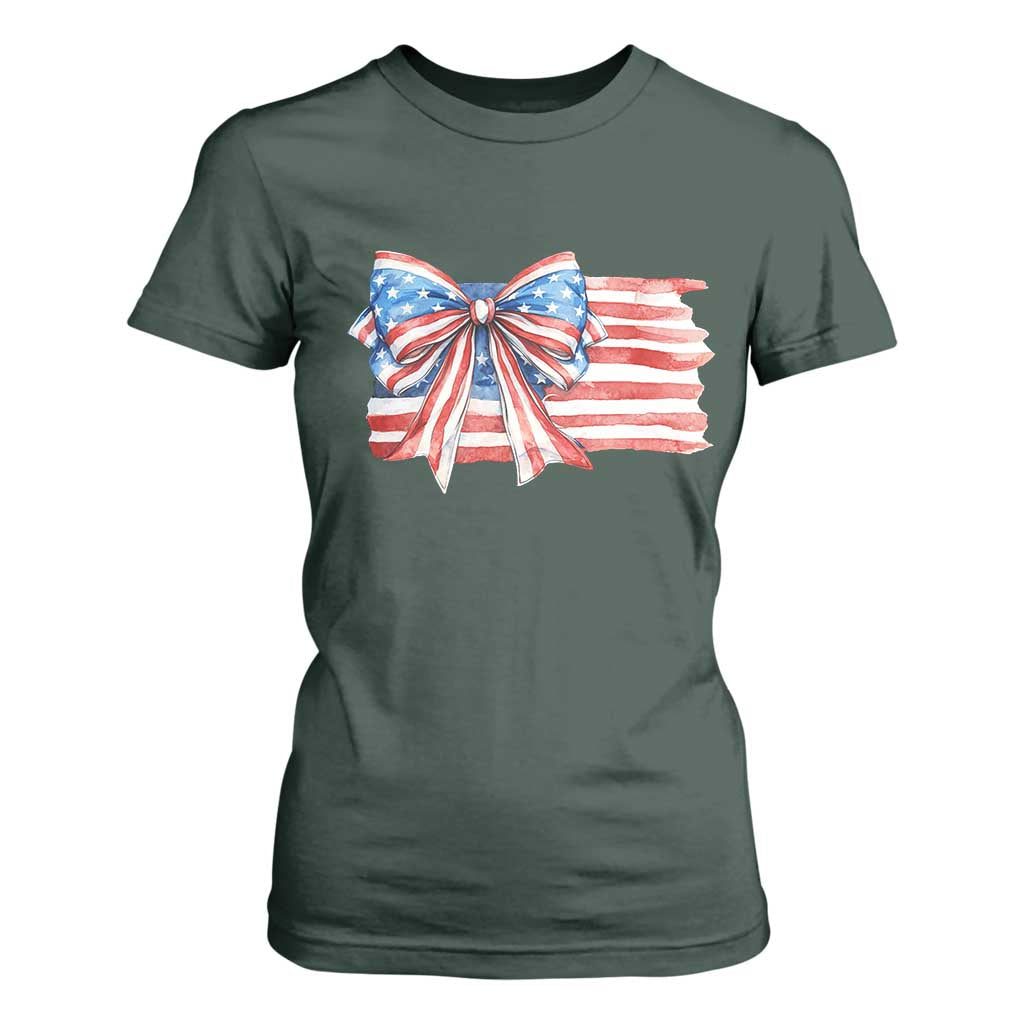 Patriotic American Flag Bow T Shirt For Women Gift For Women TS12 Dark Forest Green Print Your Wear