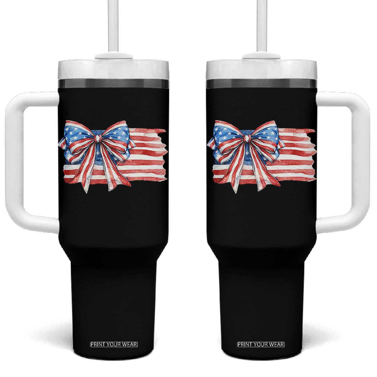 Patriotic American Flag Bow Tumbler With Handle Gift For Women TS12 One Size: 40 oz Black Print Your Wear