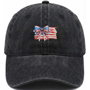 Patriotic American Flag Bow Washed Cotton Baseball Cap Gift For Women TS12 Washed Cap Universal Fit Black Print Your Wear