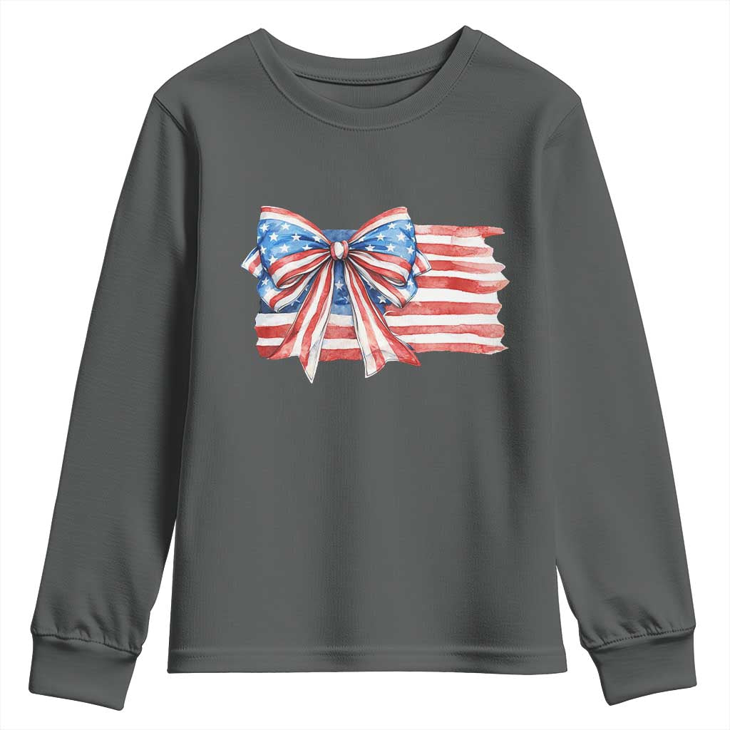 Patriotic American Flag Bow Youth Sweatshirt Gift For Women TS12 Dark Heather Print Your Wear