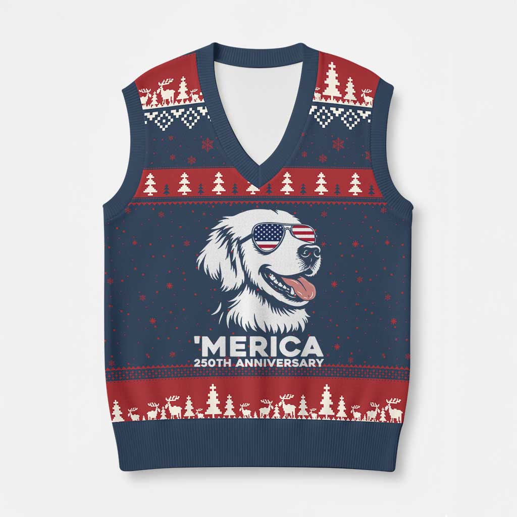 Merica Golden Retriever Lover V-Neck Knit Sweater Vest 250th Anniversary Gift TS12 Navy Red Print Your Wear
